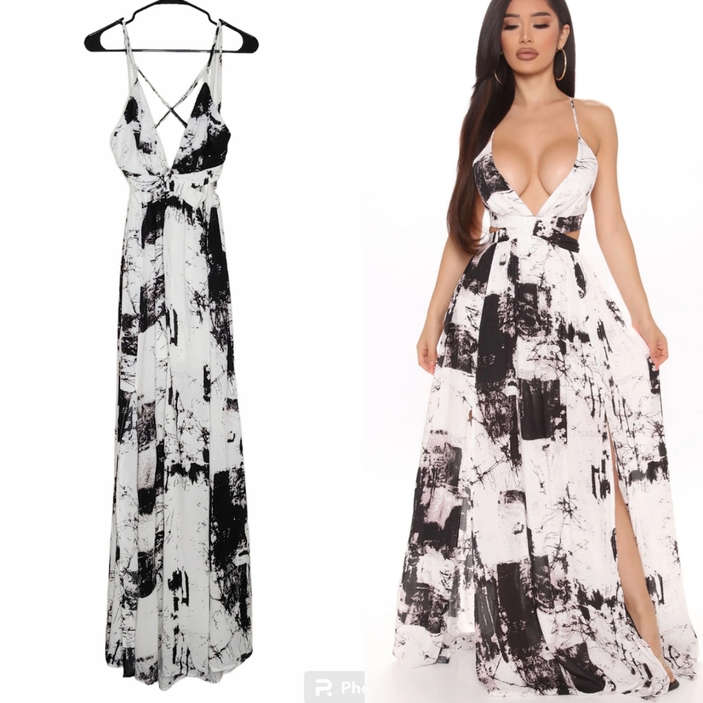 Fashion Nova Women's Pebble Beach Black White Backless Summer Maxi Dress Size XS